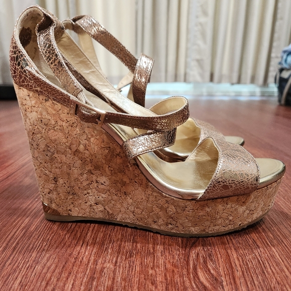 Jimmy Choo Portia Platform Wedge Sandals Cork Metallic Gold Heels